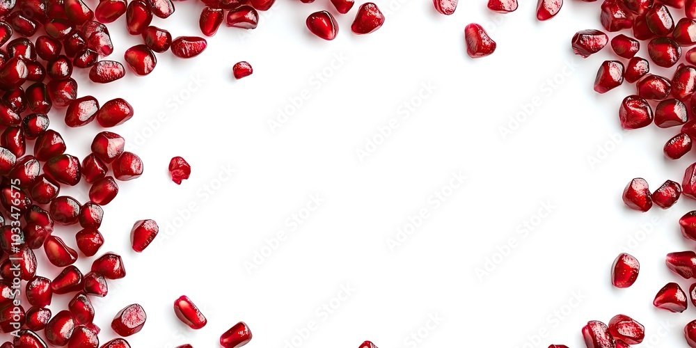 Poster Background featuring red pomegranate seeds. The dispersed red grains of a pomegranate are set against a white background. Pomegranate at the edge of the image with copy space for text. Top view.