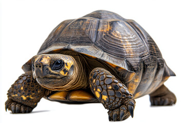 Obraz premium Greek tortoise exploring its surroundings during a sunny afternoon in a bright, isolated habitat