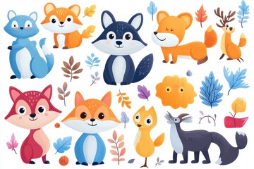 Whimsical animal illustrations featuring colorful foxes, wolves, and leaves, perfect for children's designs and playful themes.