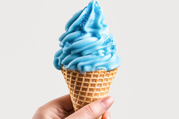 A hand holding a blue ice cream cone, showcasing a delightful summer treat against a neutral background