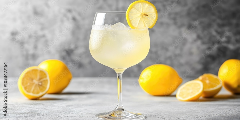 Poster lemonade served in a wineglass, topped with a slice of fresh lemon, set against a grey background wi