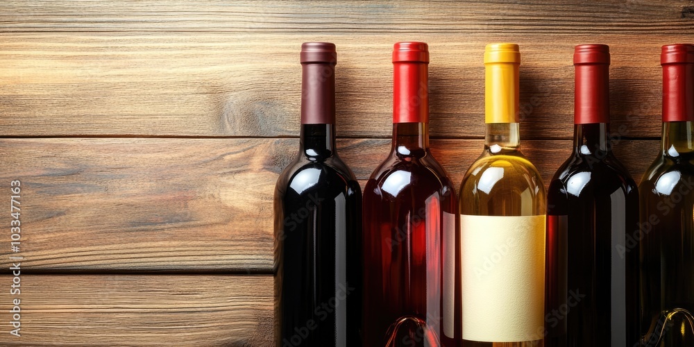 Poster Different wine bottles on a wooden table. Red and white wines. Top view flat lay with copyspace for your text.