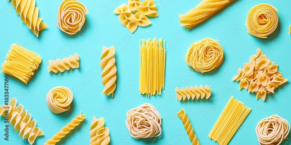 Poster various types of uncooked pasta set against a colored background.