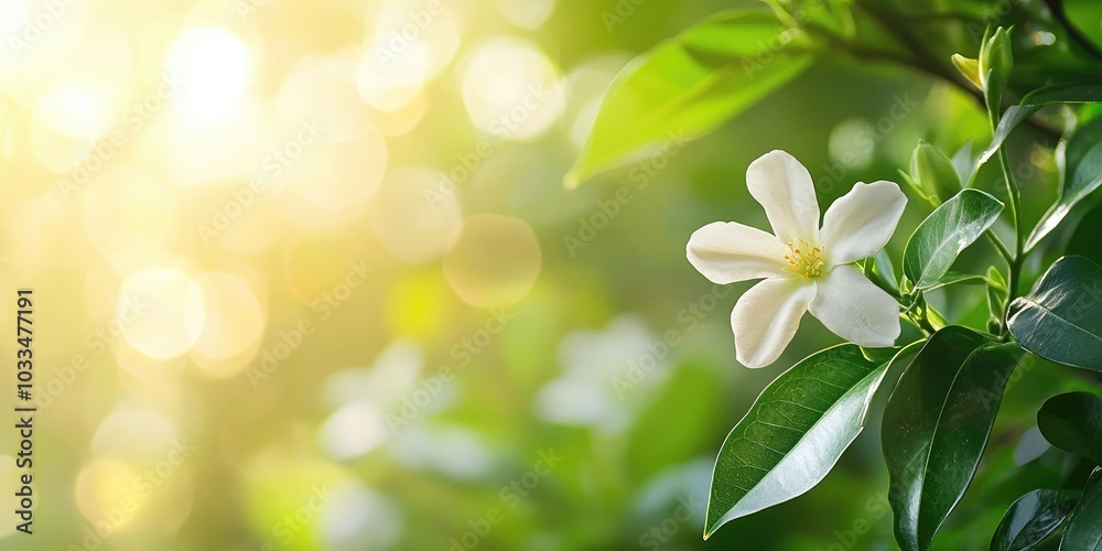 Poster soft focus of a flower against a blurred background of branches and leaves (cape jasmine, cape garde