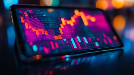 Stock Market Data Display on Tablet with Neon Lights