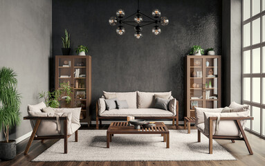 Contemporary living room with a gray sofa on dark wall background. Modern design solution, 3d...