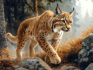 Obraz premium A lynx prowls through a serene forest, its keen eyes alert for movement in the dappled sunlight filtering through the trees