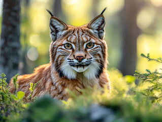 Obraz premium Lynx walking gracefully through a sunlit forest, blending with vibrant greenery and dappled sunlight in the early morning hours