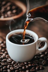 Freshly Brewed Coffee Pouring into Cup with Coffee Beans