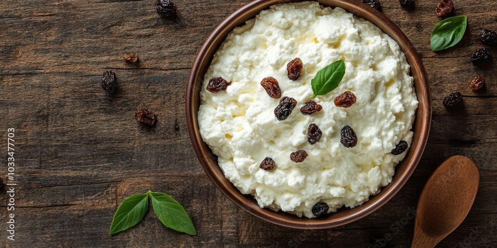 Poster cottage cheese in a bowl with sour cream and raisins on a rustic wooden background, featuring copy s