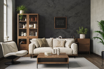 Contemporary living room with a gray sofa on dark wall background. Modern design solution, 3d render
