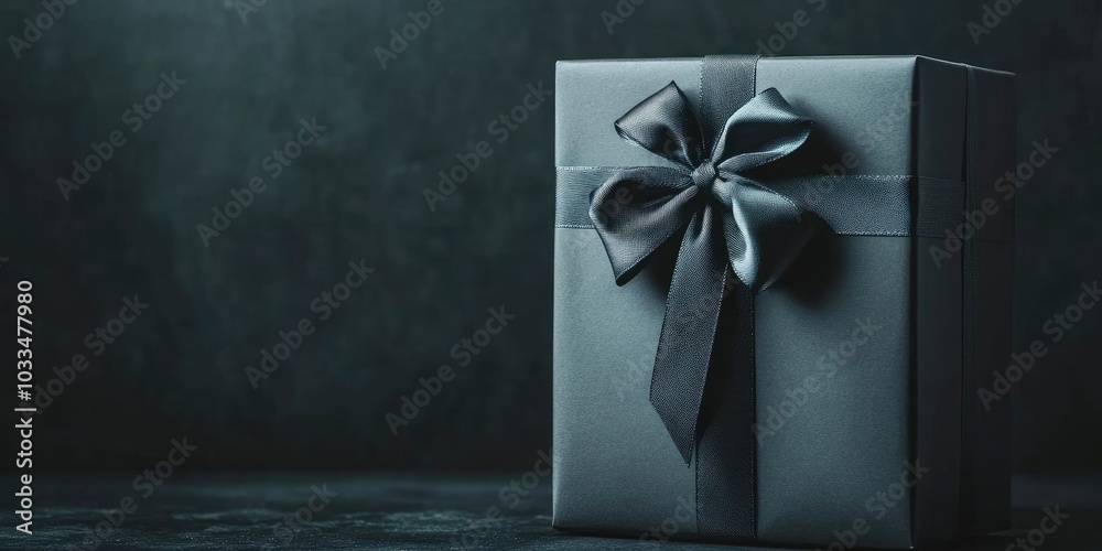 Aufkleber large gift, grey box with an elegant bow on a dark background with copy space.