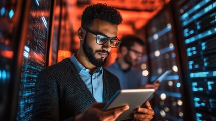 Data center technician analyzing data on tablet, illuminated servers in background