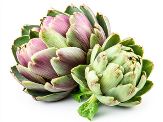 Obraz premium Fresh artichokes isolated on a white background showcasing their vibrant colors and unique textures
