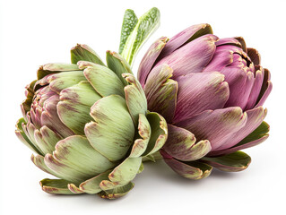 Fototapeta premium Artfully arranged green and purple artichokes isolated on a clean white background showcasing their unique textures and shapes