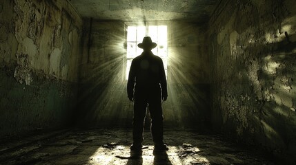 Silhouette of Man in Abandoned Room with Sunbeams