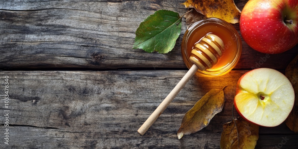 Poster high angle view of a honey dipper resting on a jar of honey and an apple on a wooden table, with cop