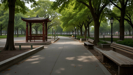 Peaceful Tree Lined Street in Green Neighborhood with Sunlight and Clear Pathway