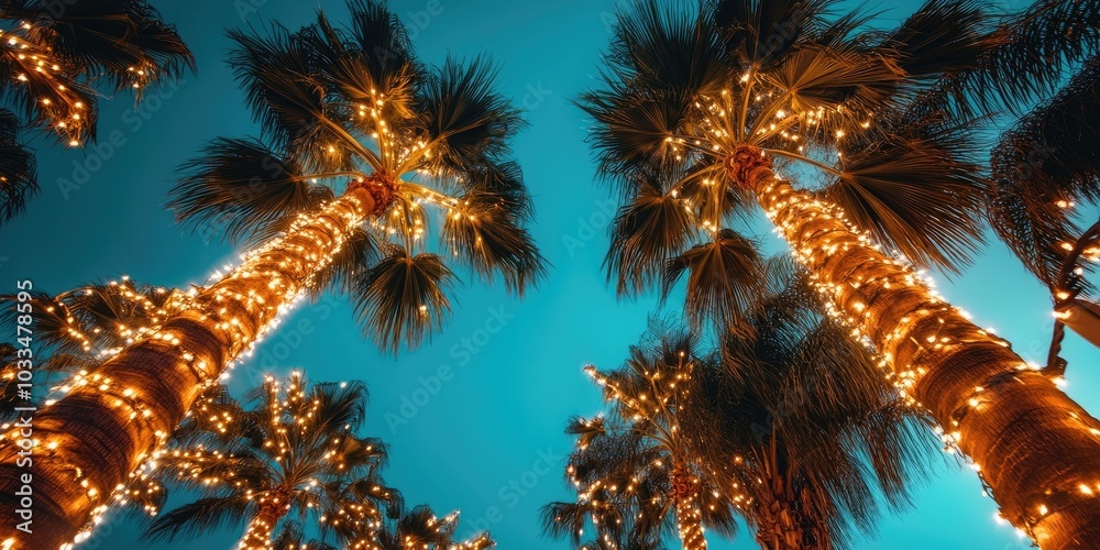 Aufkleber close-up photo of palm trees with copy space evening beach street featuring tall palm trees adorned 
