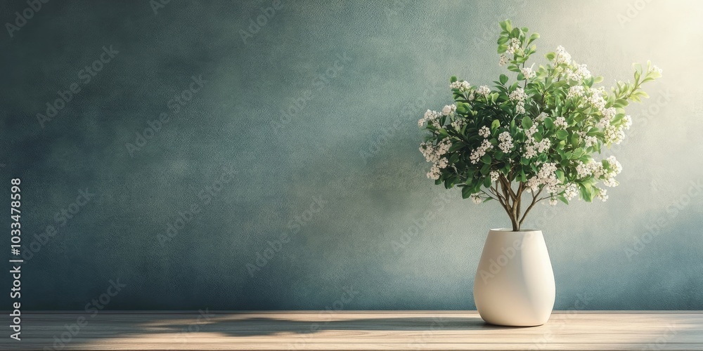 Poster small decorative tree and flower arrangement in a white vase on a wooden table in a dimly lit room w
