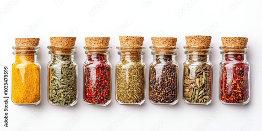 Poster collection of spices in jars positioned on a white background.