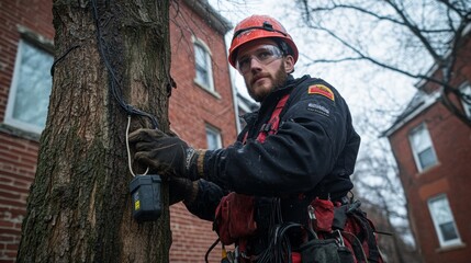 Obraz premium Utility Worker Installing Equipment on Tree in Urban Area