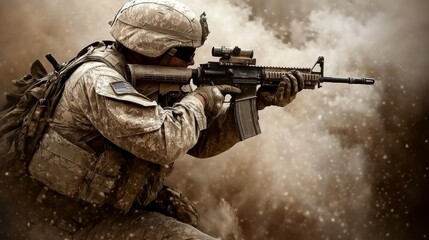 Fototapeta premium Soldier in Combat Gear Aiming Rifle with Smoke Background