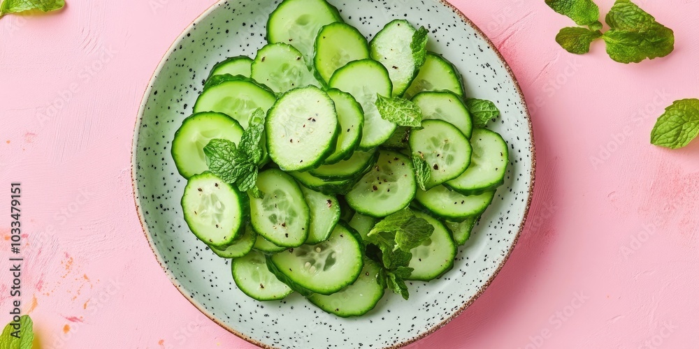 Poster plate with delicious cucumber salad on a colorful background.