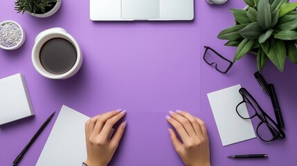Obraz premium Purple Desk Workspace with Coffee Laptop Plant and Hands