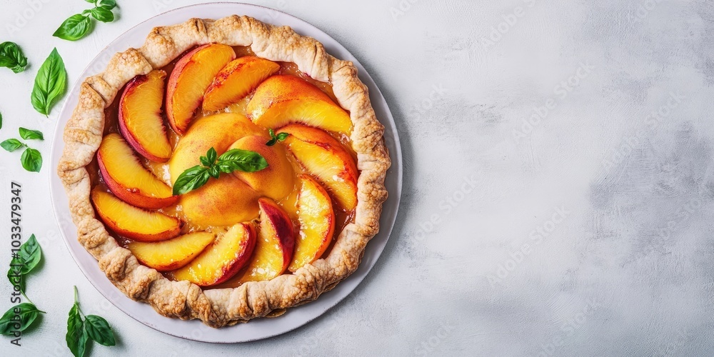 Poster appetite summer peach galette on a white table with copyspace. summer open tart image for a cookbook
