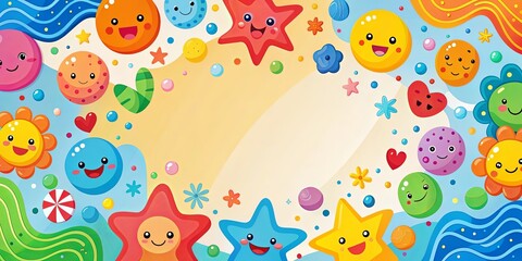 Whimsical Illustration with Smiling Colorful Shapes Surrounded by Stars, Flowers, and Hearts