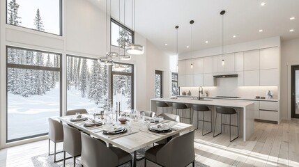 Fototapeta premium Open-concept living and dining area with subtle Christmas accents, modern holiday style, 3D illustration