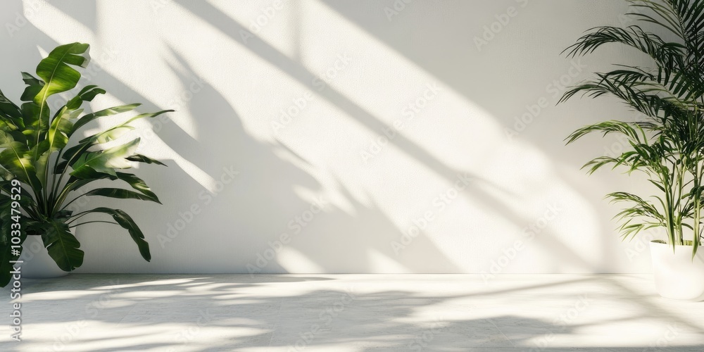 Leinwandbilder Blurred shadows from natural light create an overlay effect on a white wall, serving as a backdrop for product presentations and a summer theme.