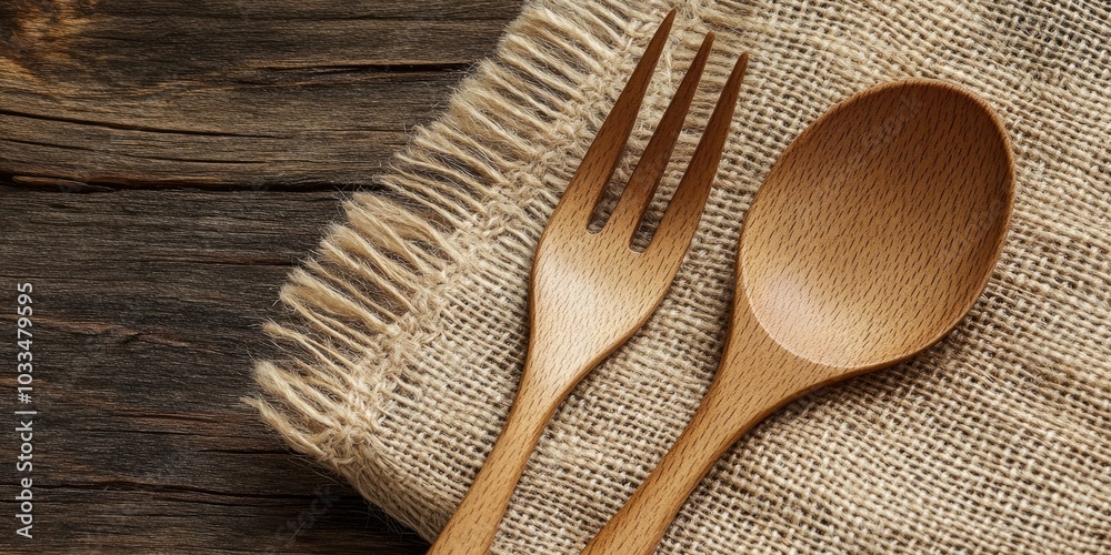 Poster wooden fork and spoon with fabric on a table