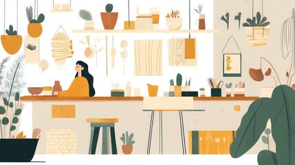 Boho Interior Design: Cozy Plant Shop with a Woman Working