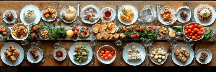 Large seminar table with premium fine dishes including snacks and fine dishes