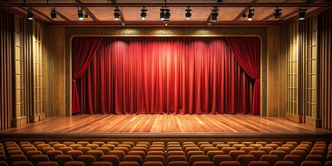 High angle view of theater stage with wooden floor and red curtain