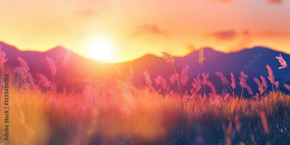 Poster panoramic view of a sunset behind mountains on a tropical grassland. artistic transparent wild grass