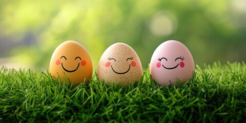 The joyful face of eggs on Easter day with a grassy backdrop.