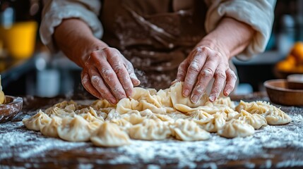 Close-up of a person skillfully shaping homemade dumplings on a flour-dusted wooden surface.