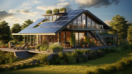 Greenhouse with Solar Panels: Capture a greenhouse equipped with solar panels on the roof, emphasizing energy-efficient farming, green agriculture