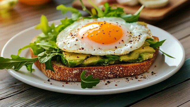 Sunny-side up egg on avocado toast with fresh greens