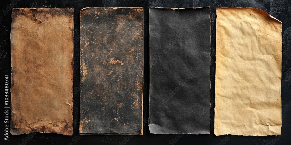 Poster a collection of four intriguing textures of old, stained, yellowed, and darkened paper against a bla