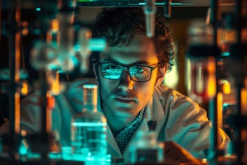 Fototapeta premium Scientist wearing a lab coat is carefully looking at glassware equipment filled with colorful solutions during an experiment in a laboratory