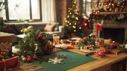 Making DIY Christmas decorations in vibrant living room with craft supplies