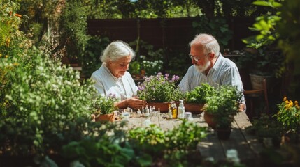 Senior couple meeting homeopath with herbal remedies and tinctures in background