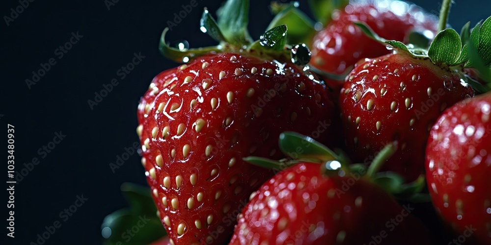 Poster Close-up of fresh strawberries set against a dark background for use in various media.