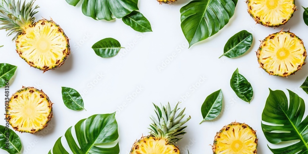 Poster sliced pineapple adorned with green leaves, set against a white background with copy space for your 