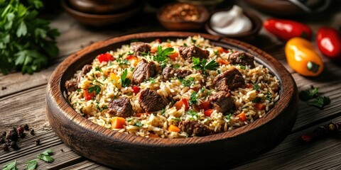 Fototapeta premium Traditional Pilaf with Lamb, Vegetables, and Spices on a Wooden Background. Side View.