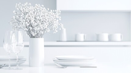 Kitchen with holiday-themed table setting and decorations, festive cooking scene, 3D illustration